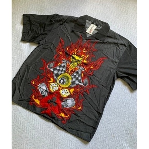 American Vintage Other - VTG Y2K City Impact Shirt Mens 2XL Black Button Up Flame Skull Hotrod 8 ball NWT